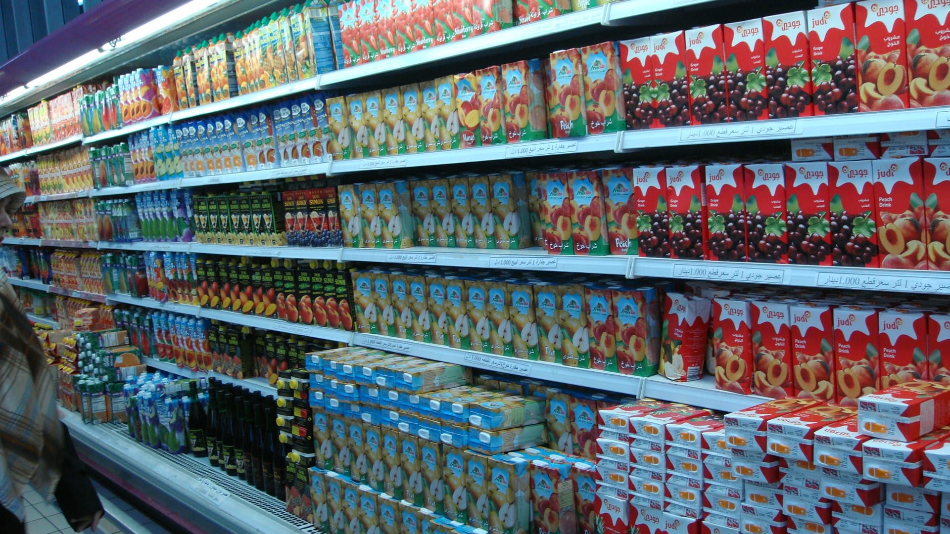 Fruit juice selection in a store in Libya, 2008.