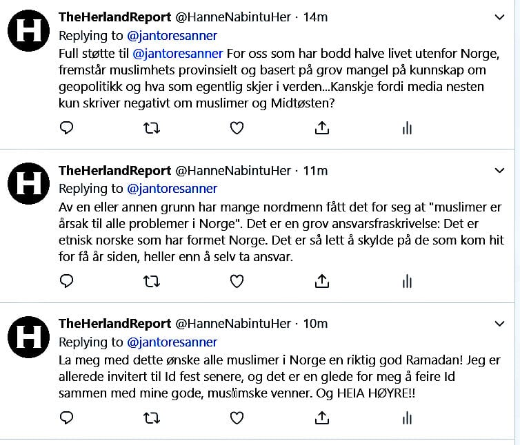 Hanne Nabintu Herland: Vi ønsker alle muslimer en riktig god Ramadan i Norge, Herland Report twitter herland sanner
